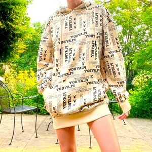 Playboy x Misguided PRISTINE, All Over Print Tan Hoodie!